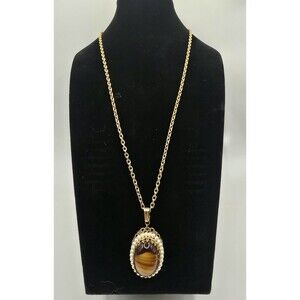 Vintage Carol Dauplaise Tiger's Eye Pendant Necklace Gold Tone Patent 3,984,900